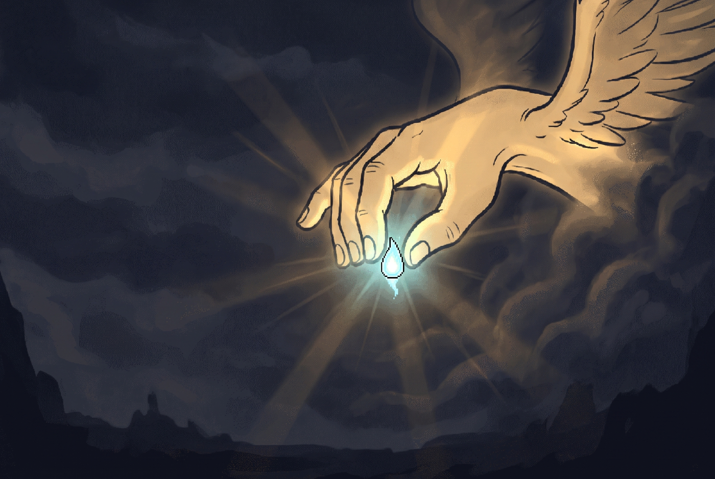 A colossal radiant hand gently catching the falling pale blue mote of light