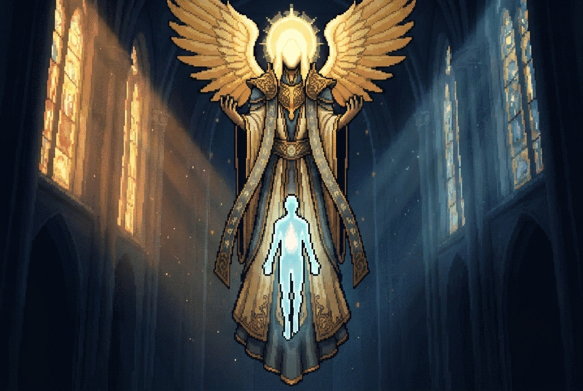 The winged god face to face with a small translucent soul of pale blue light
