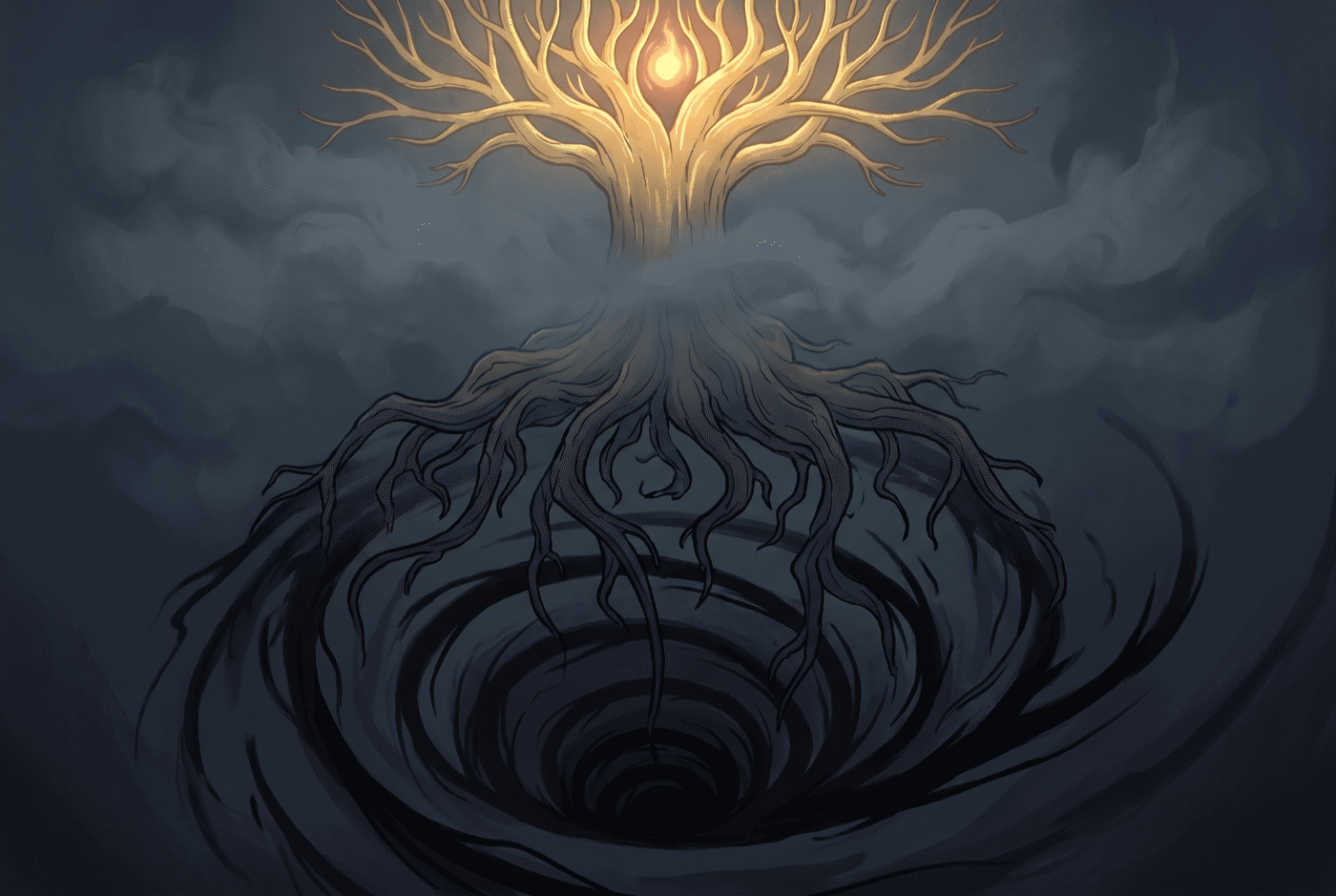 A vision of a glowing realm whose roots are gnawed by a black spiral pit of one hundred layers