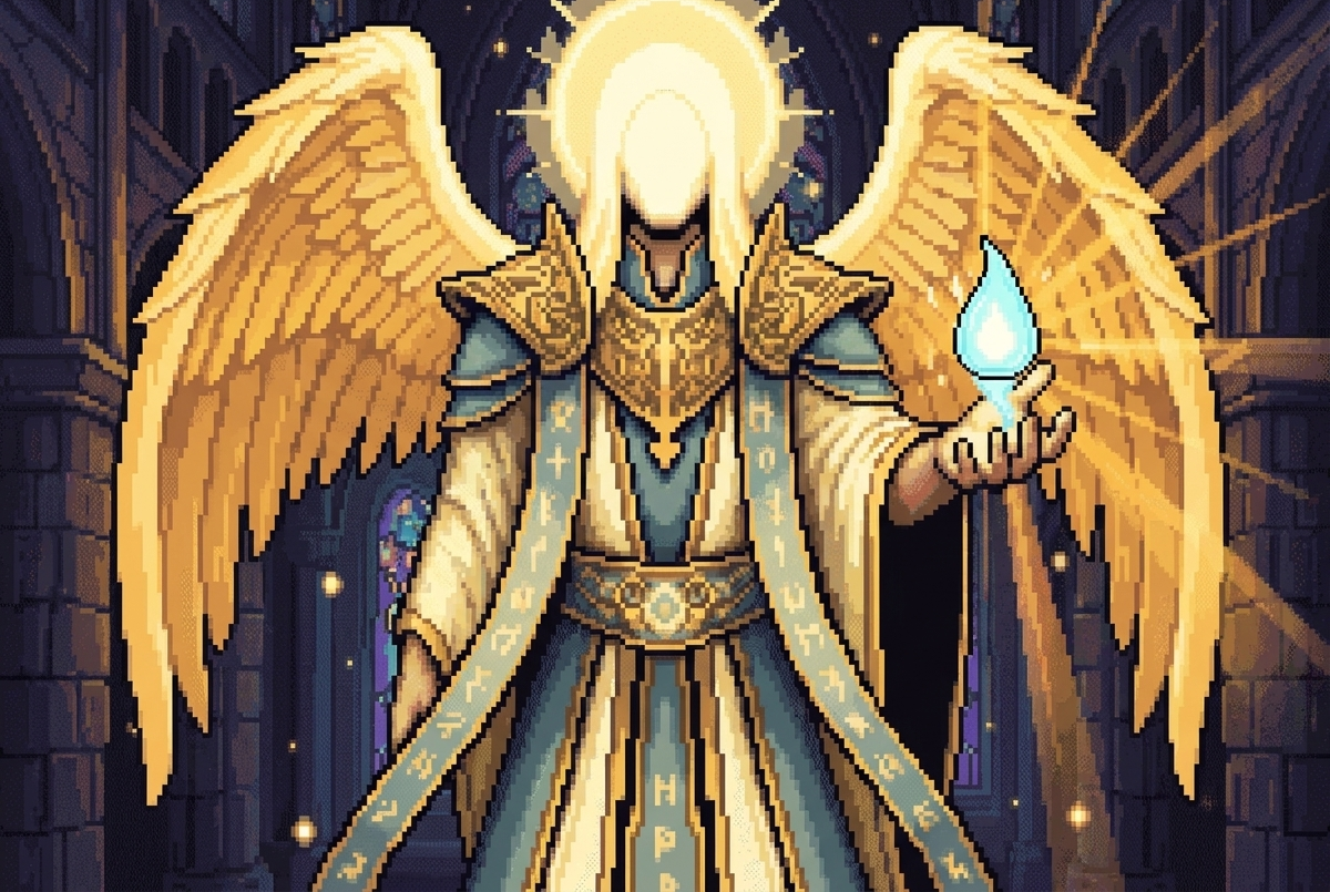 The god extending an open palm with a new blue spark of life burning above it