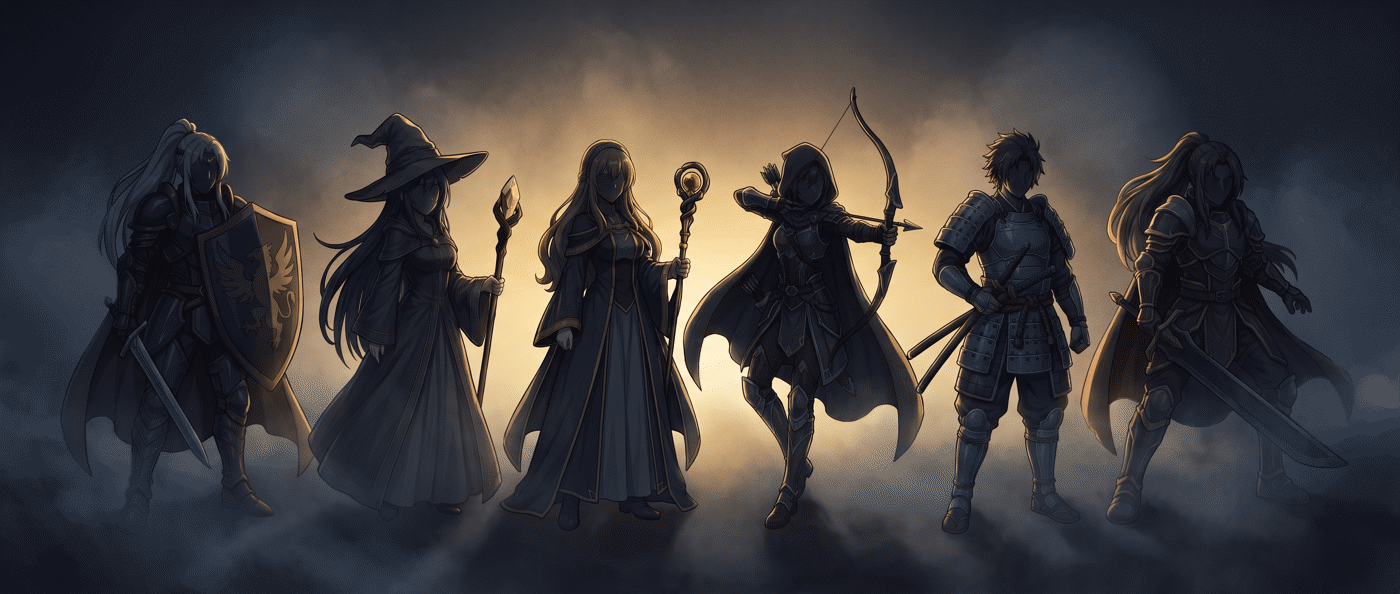 Six legendary heroes standing in a solemn row as luminous spirits