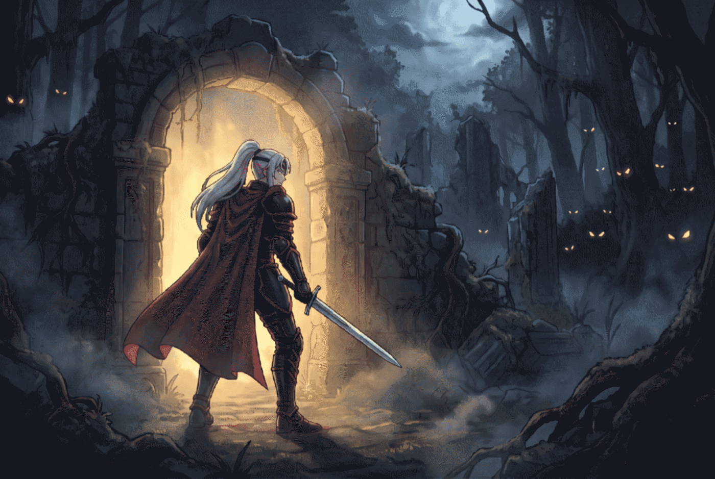 The reborn knight stepping through a glowing gate into a dark forest ruin