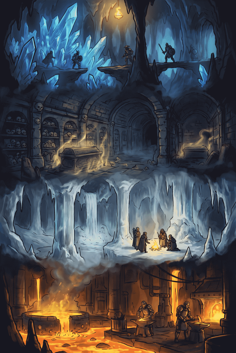 A vertical descent through crystal caverns, crypt halls, ice and molten depths
