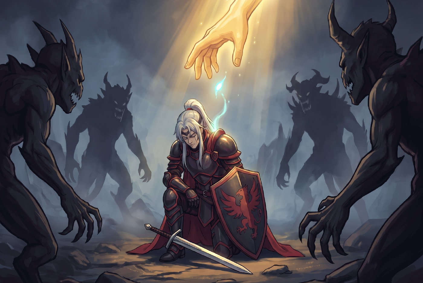 The hero on one knee before the horde as a radiant hand catches a rising blue mote of light