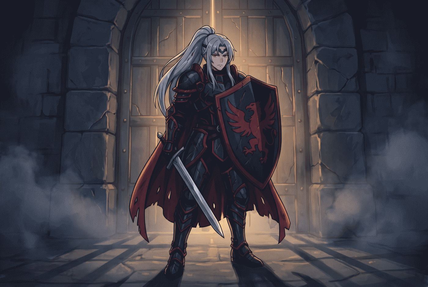 The hero standing again before the dungeon gate at dawn, scarred and better armed