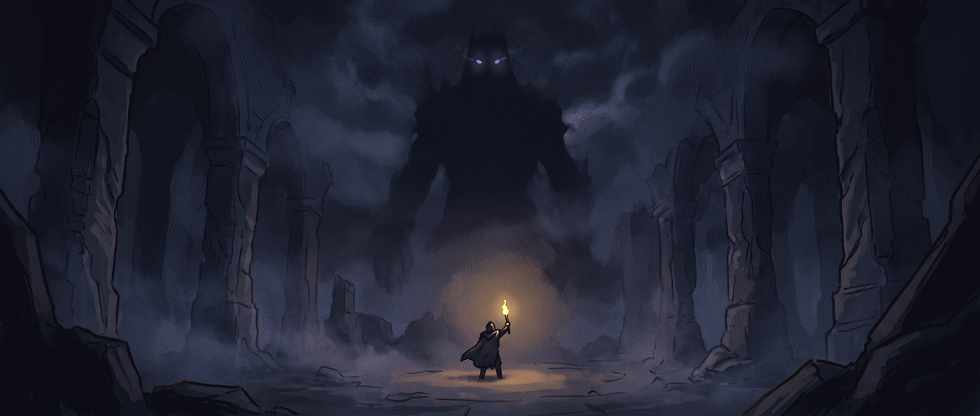 A colossal shadowed silhouette with violet ember eyes towering over a tiny hero with a torch