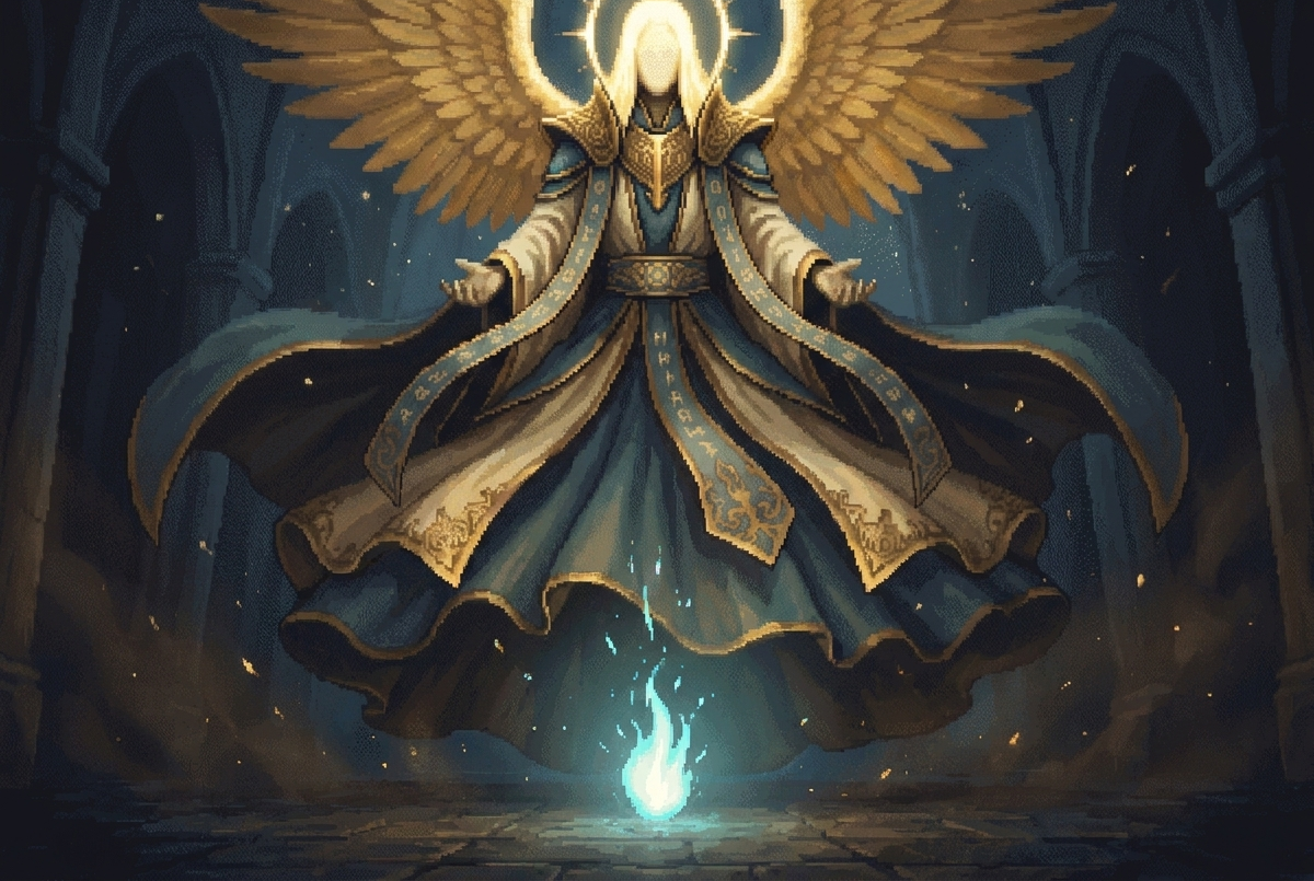 The towering winged god looming over a small blue soul flame that burns defiantly bright