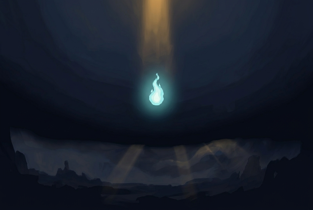 The small blue soul flame hovering between a distant shaft of light above and an endless dark below