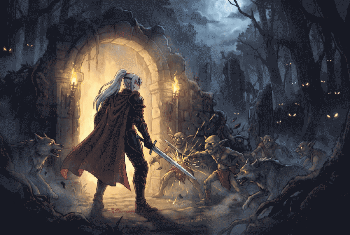 The knight clashing swords with wolves and goblins among the forest ruins
