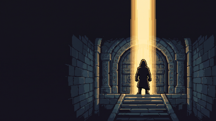 A hooded vessel stands before the glowing dungeon gate